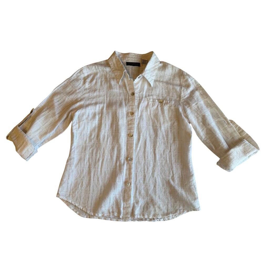 Harve Bernard Boho Cottage Core White Linen Cotton Blend Casual Button Up Large
